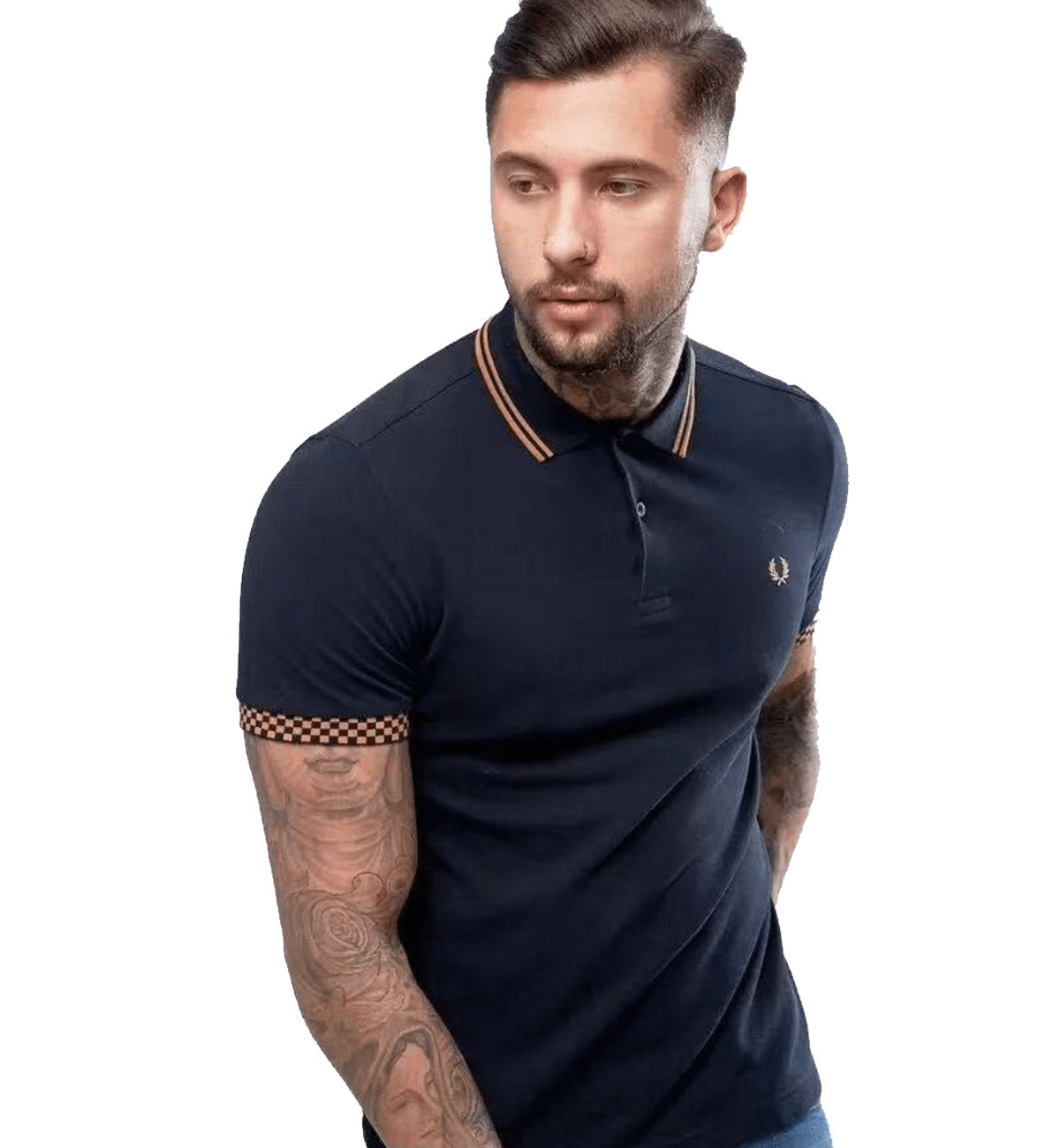 Fred Perry Gold Stripe with Plaid Sleeve Navy Blue Polo Shirt