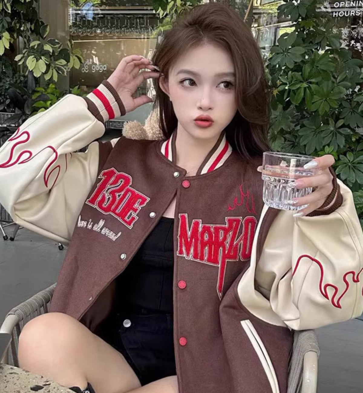 13DE MARZO Flame Baseball Jacket (Brown)