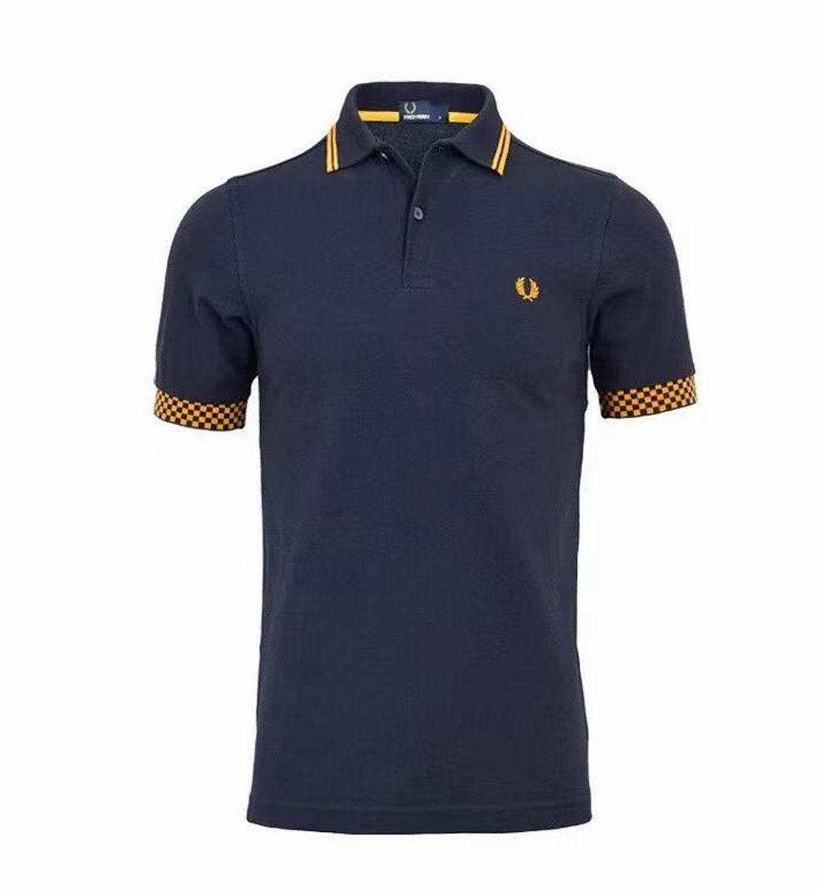 Fred Perry Gold Stripe with Plaid Sleeve Navy Blue Polo Shirt