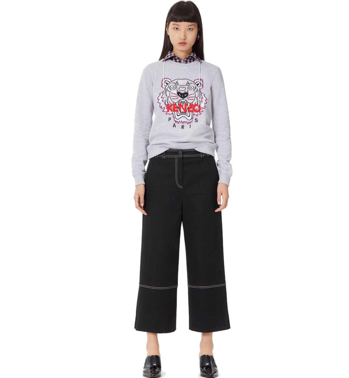 Kenzo Pink Black Embroidered Tiger Logo Grey Sweatshirt