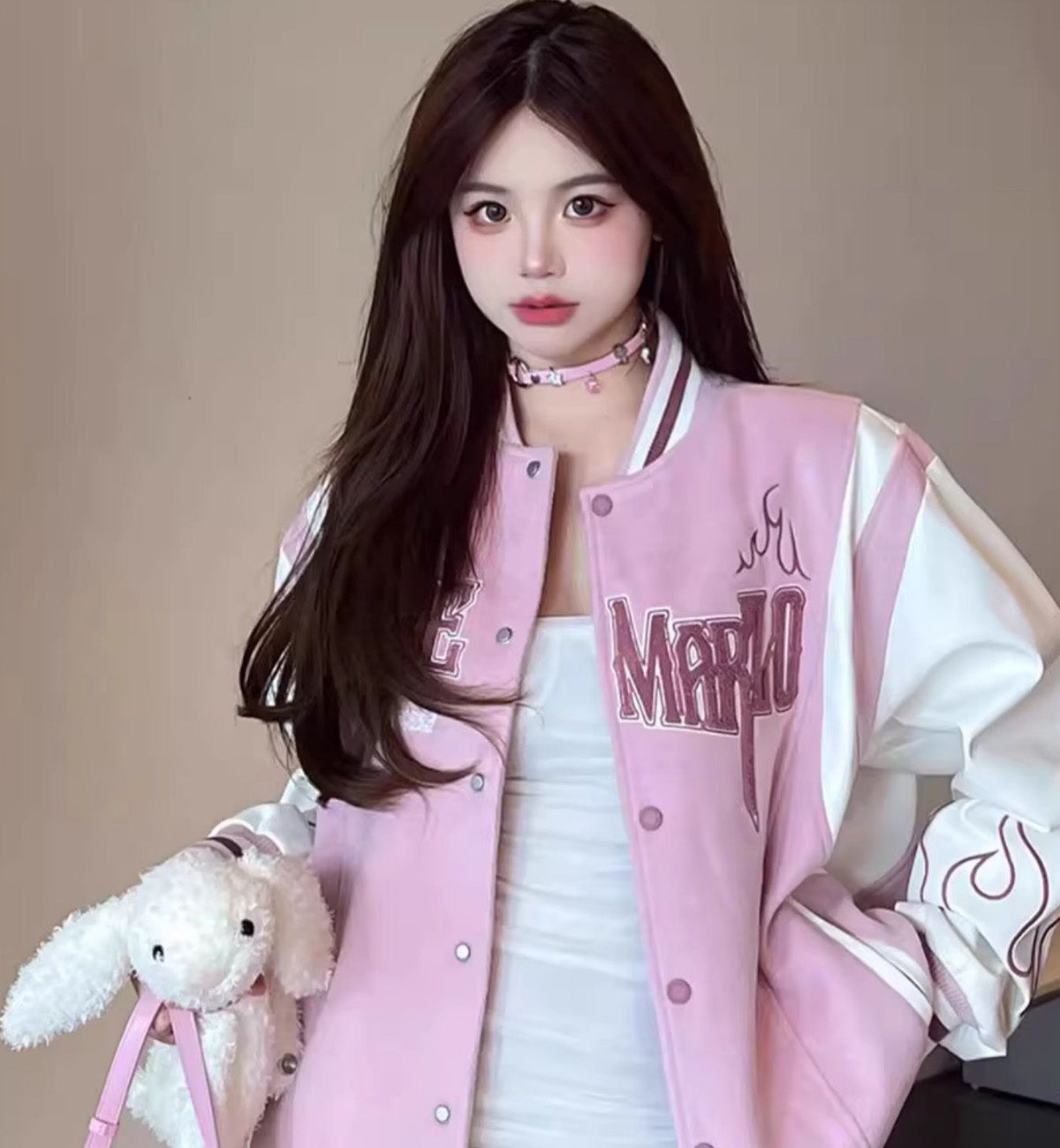 13DE MARZO Flame Baseball Jacket (Pink)