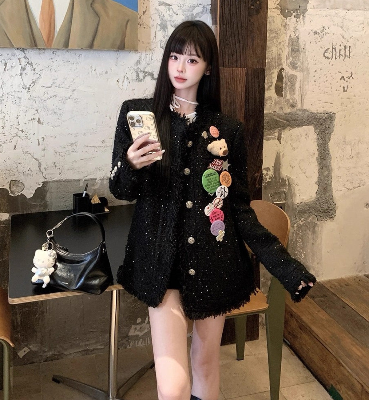 13DE MARZO Badge Vintage Chunky Wool Jacket (Black)