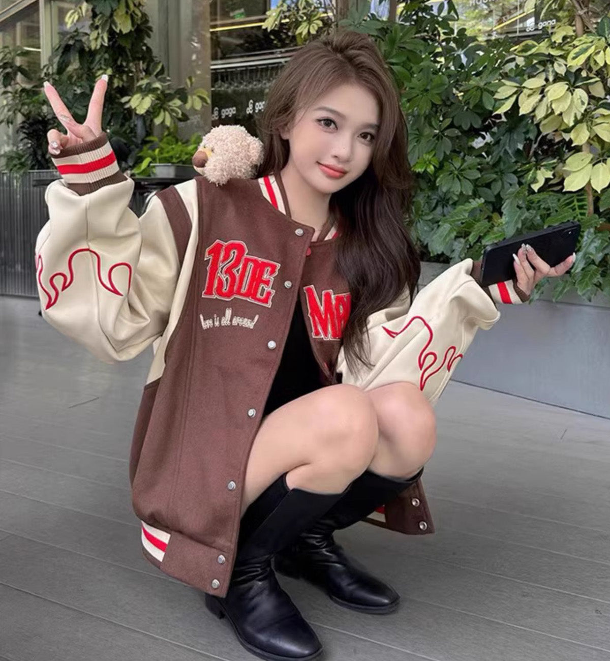 13DE MARZO Flame Baseball Jacket (Brown)