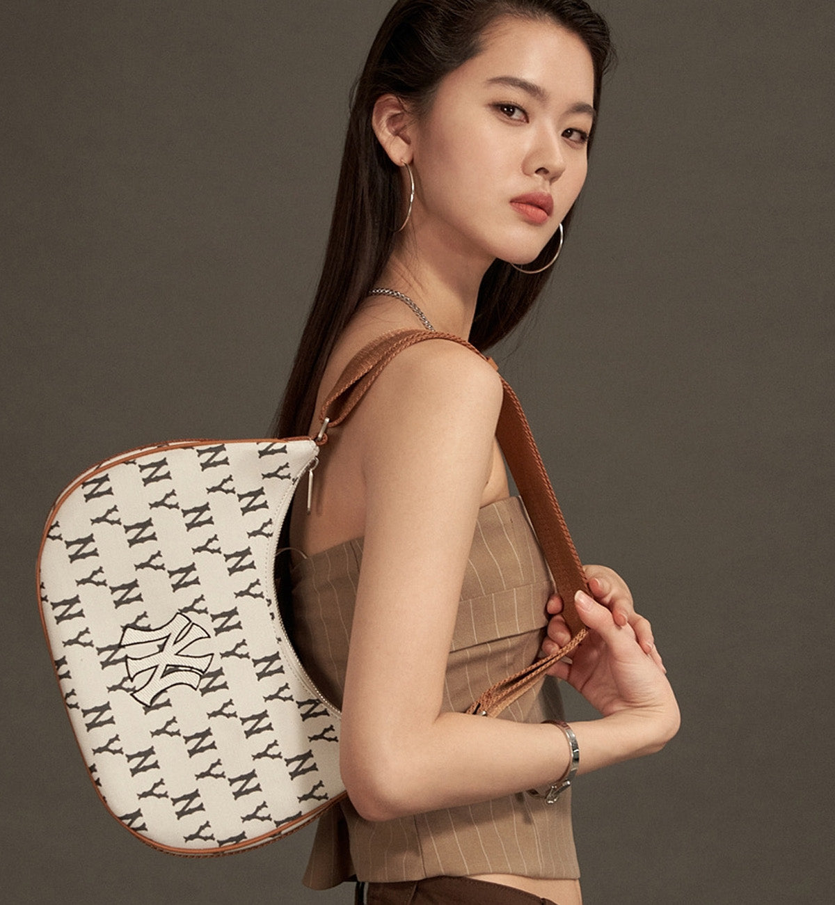 NYK Classic Monogram Jacquard L-Hobo Bag (White)