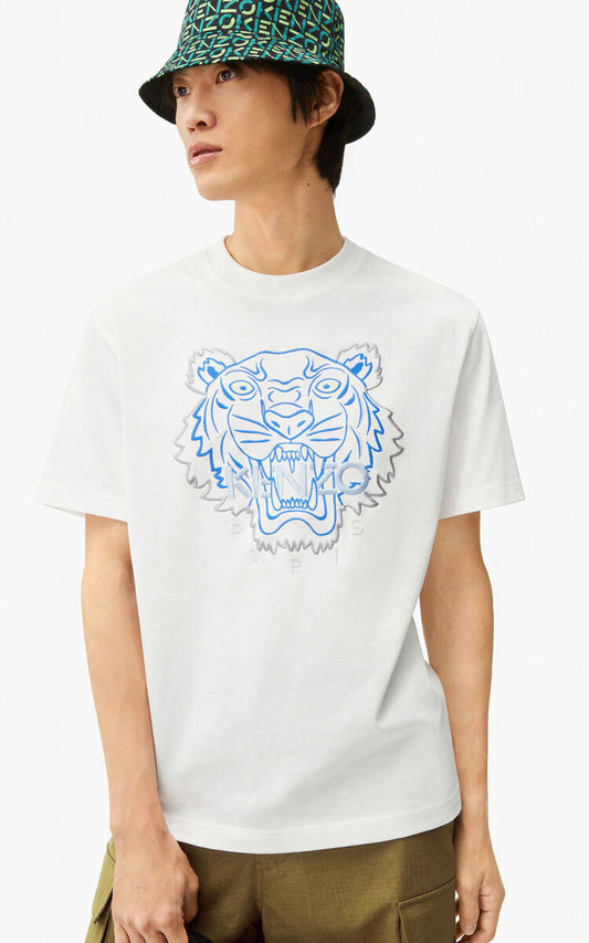 Kenzo Blue Matte Tiger Embroidered T-shirt (White)