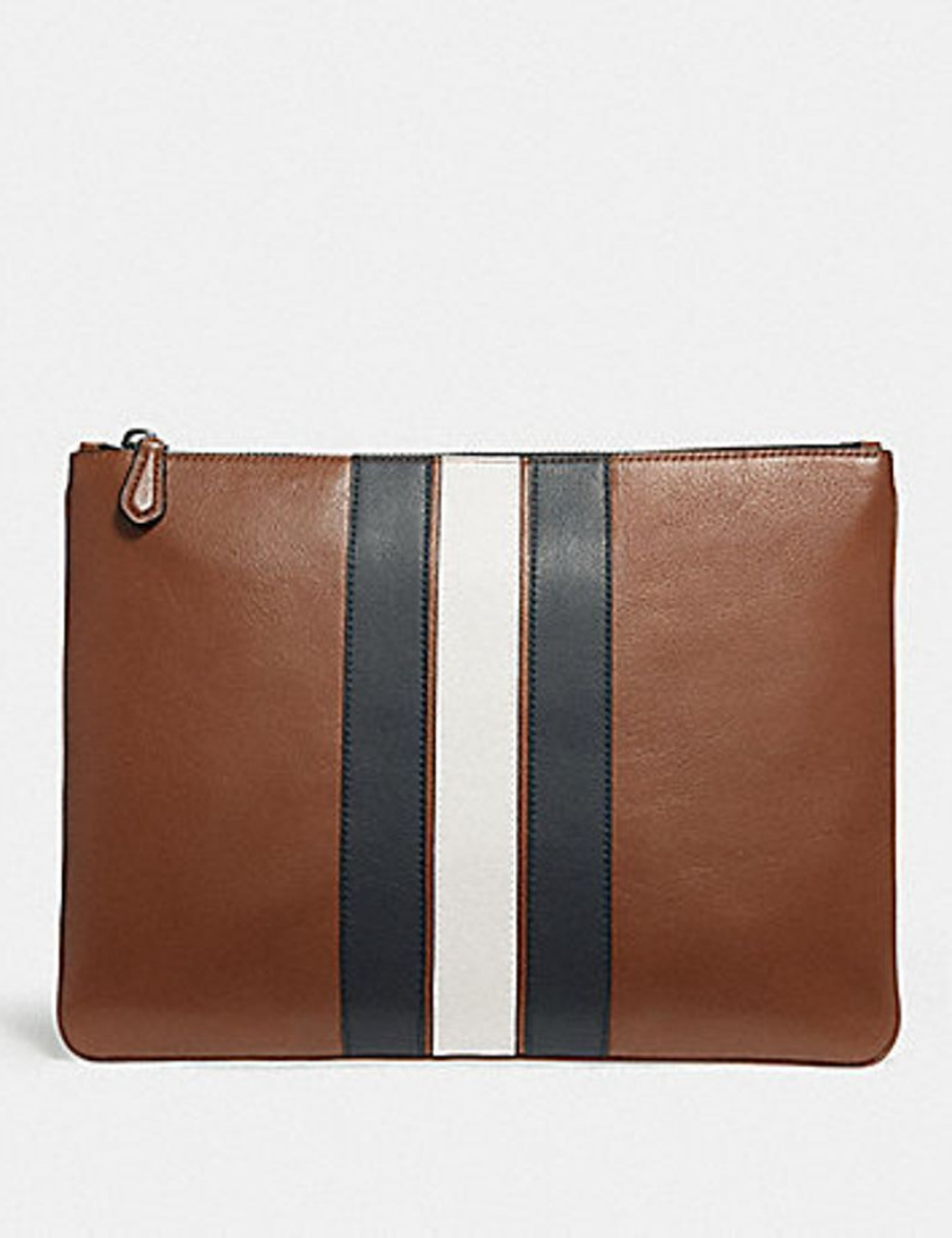 COACH LARGE POUCH WITH VARSITY STRIPE (BROWN)