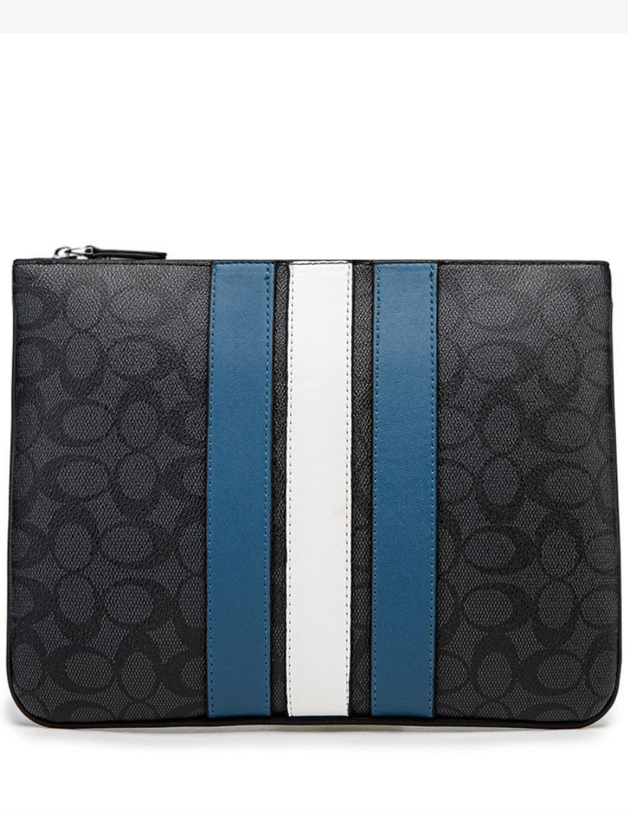 COACH LARGE POUCH IN SIGNATURE CANVAS WITH VARSITY STRIPE (BLACK)