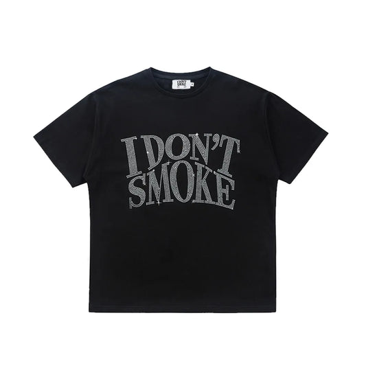 DONSMOKE Rhinestone 3D Slogan Printing T-Shirt ( Black )