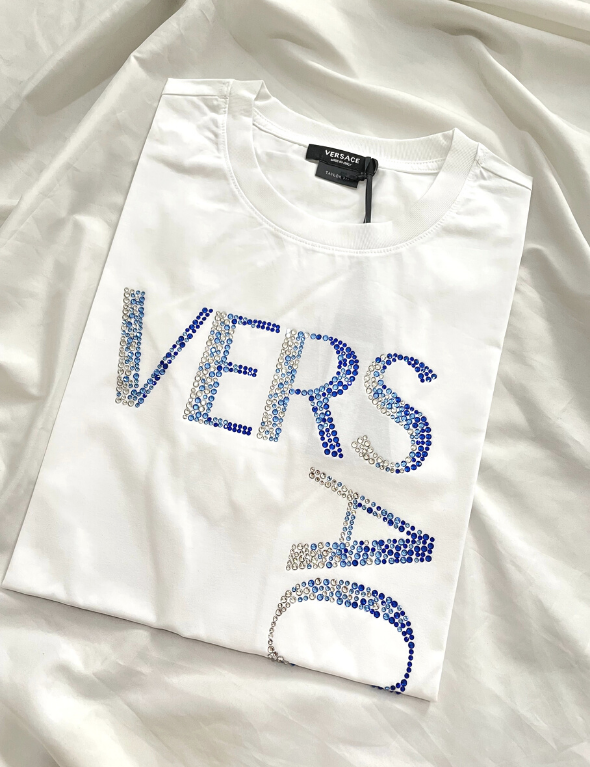 Versace Logo Blue and White Crystal T-Shirt (White)
