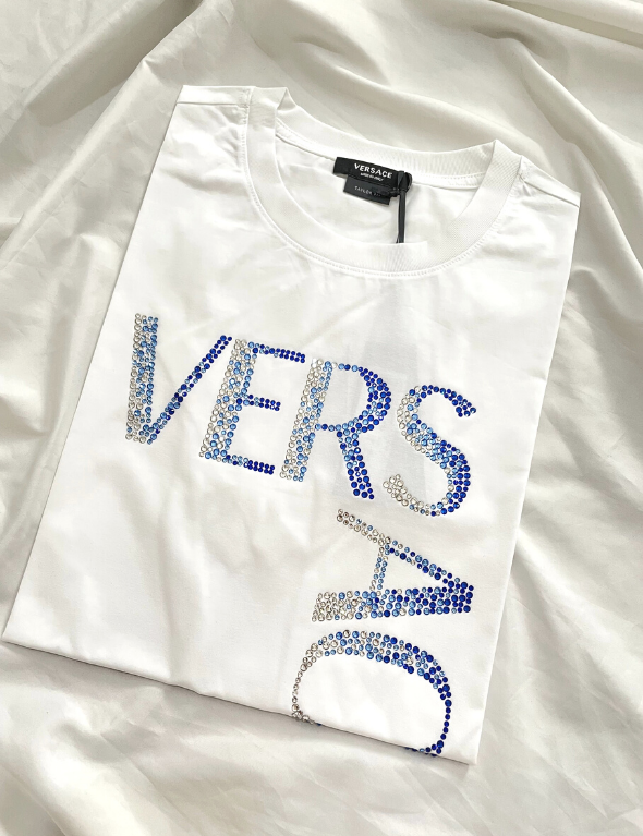 Versace Logo Blue and White Crystal T-Shirt (White) – The Factory KL