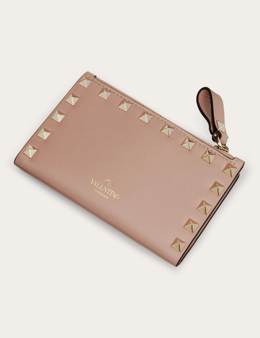 Valentino Rockstud Calfskin Coin Purse And Card Holder (Pink)