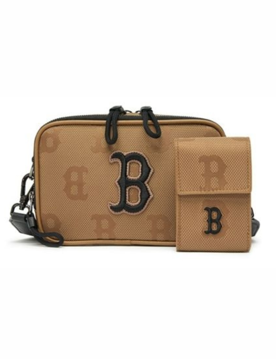 MLB Monogram Nylon Jacquard Mini Crossbody Bag Boston Red Sox (Dark Beige)