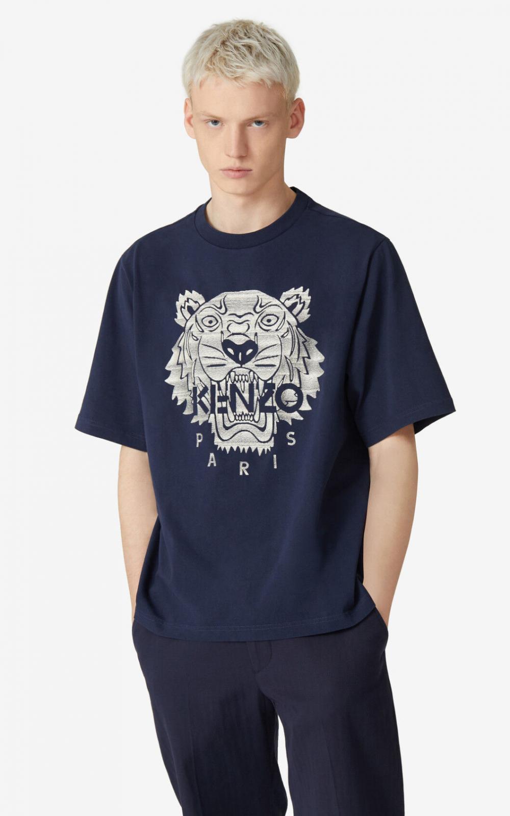 Kenzo Silver Embroidered Tiger T-shirt (Navy Blue)